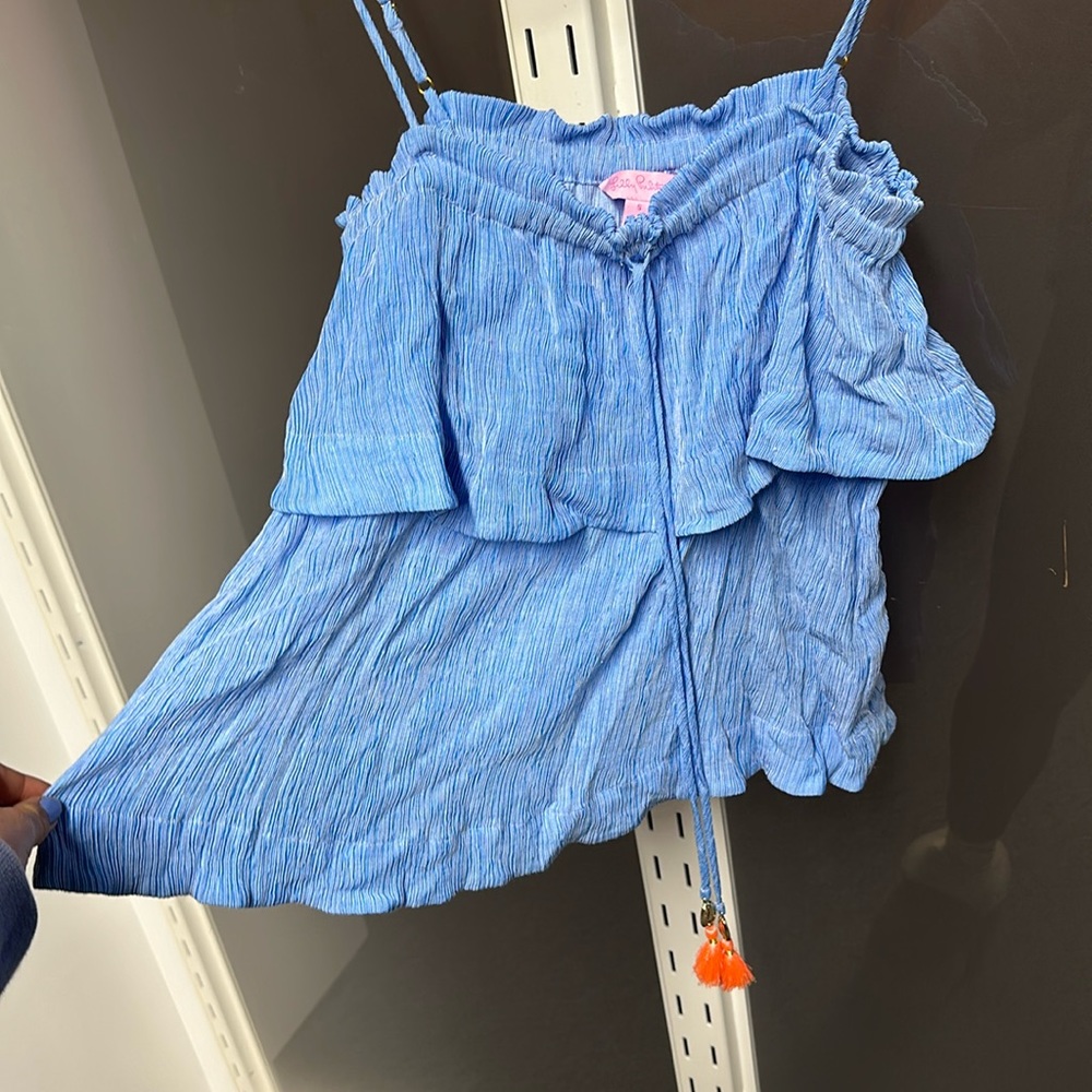 Lilly Pulitzer blue ruffle top with tassels